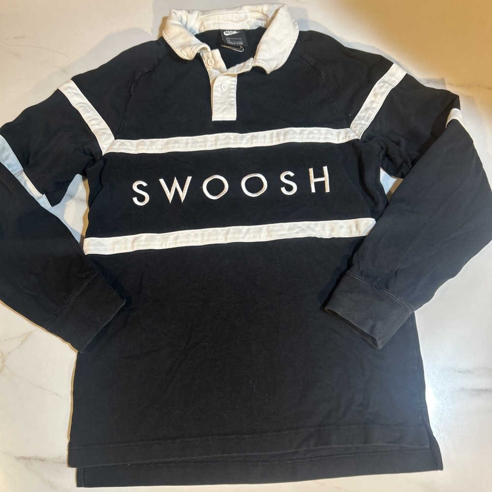 Nike Swoosh Long Sleeve Button Front Rugby Shirt Men's Small Black